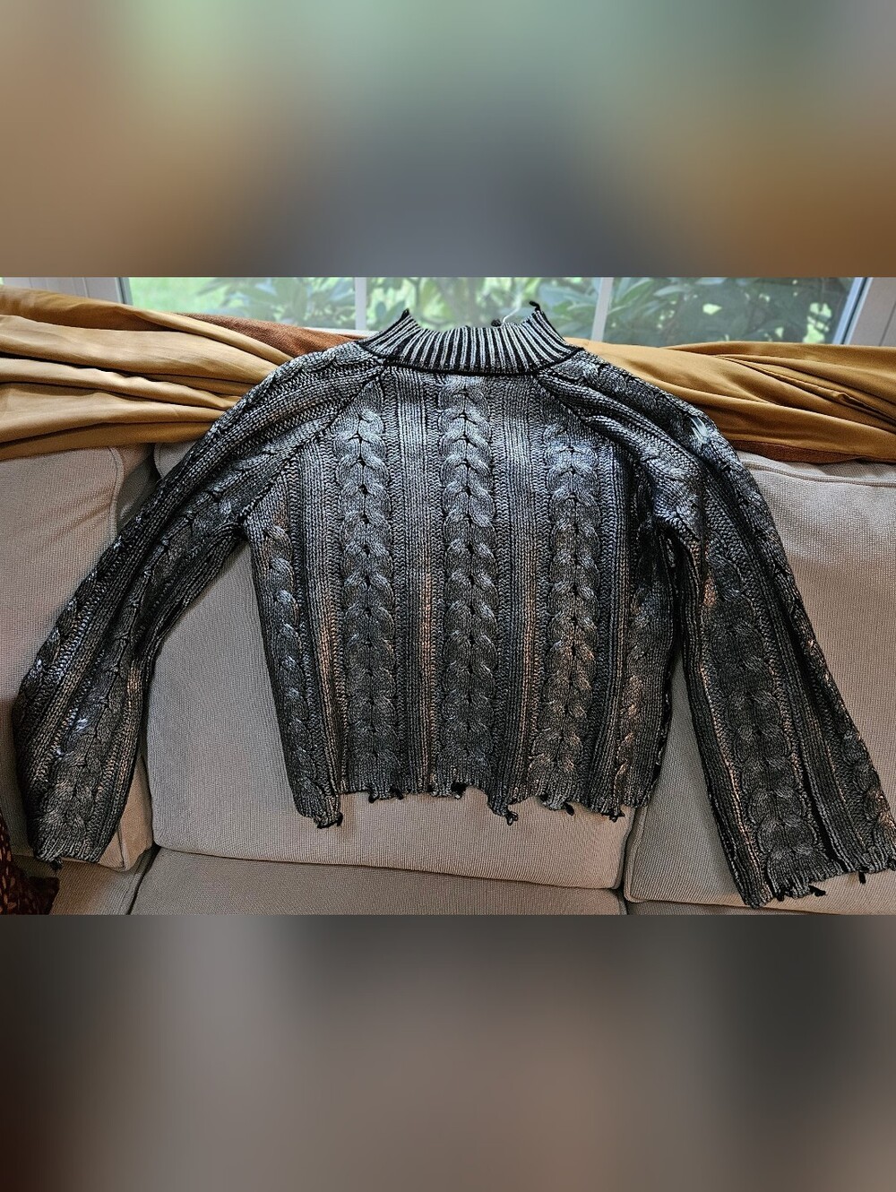 Elan Metallic Silver Cable Knit Distressed Mock Neck Sweater Size Large